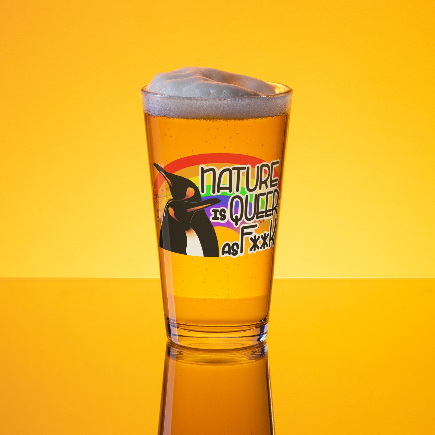 Nature Is Queer As F**K Penguins and Rainbow Shaker pint glass