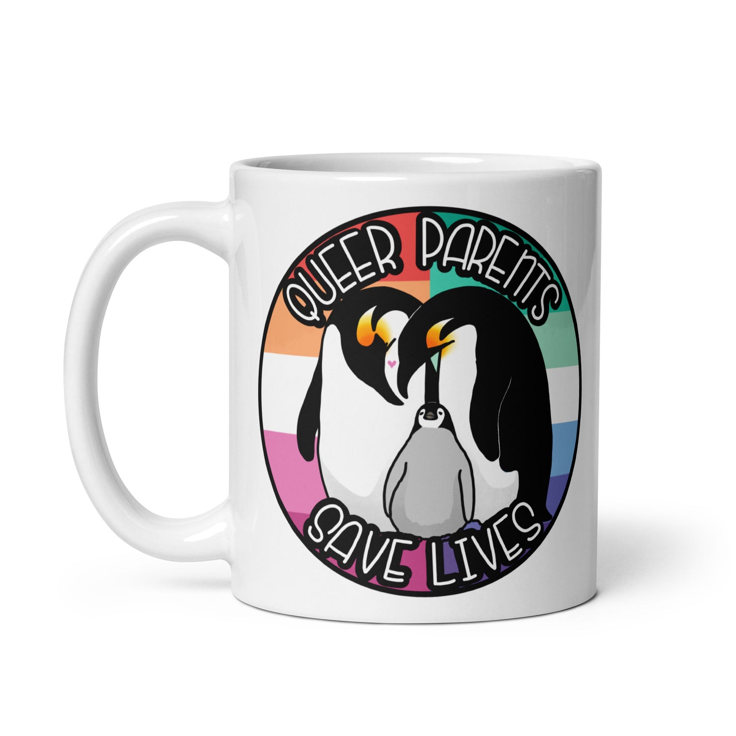 Queer Parents Save Lives - Gay/Lesbian Penguins White glossy mug