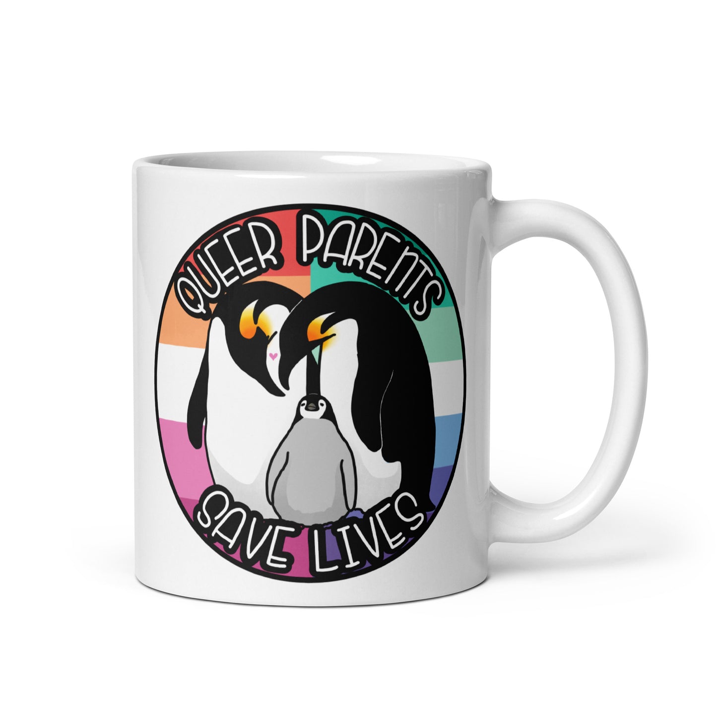 Queer Parents Save Lives - Gay/Lesbian Penguins White glossy mug