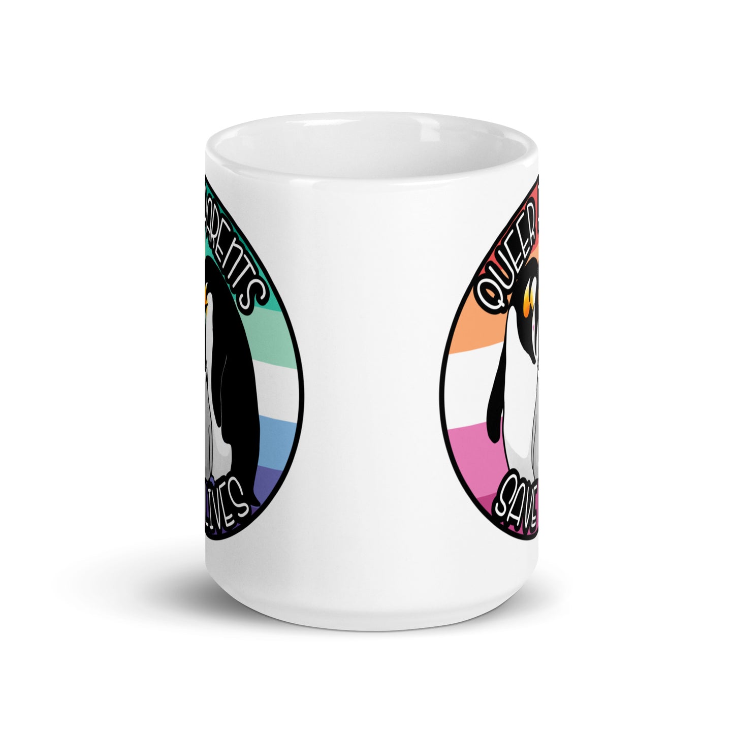 Queer Parents Save Lives - Gay/Lesbian Penguins White glossy mug