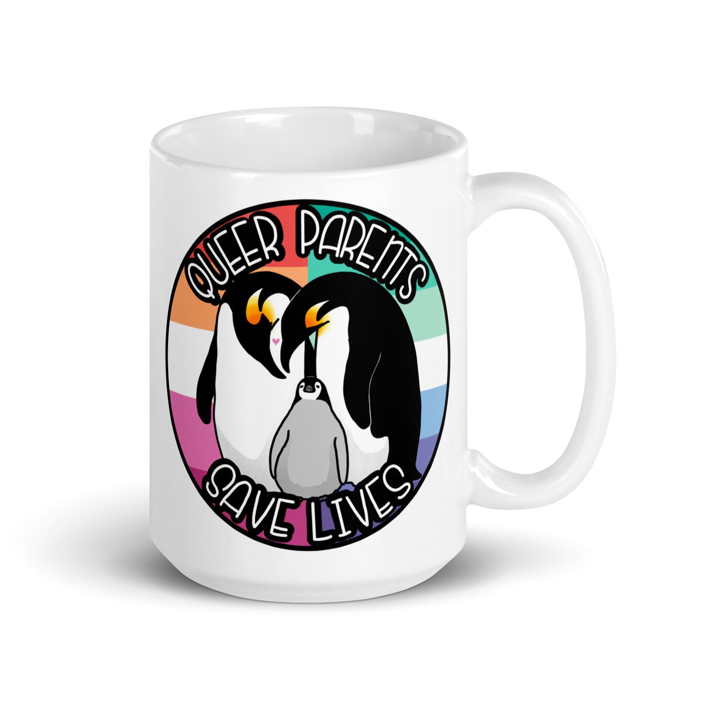 Queer Parents Save Lives - Gay/Lesbian Penguins White glossy mug