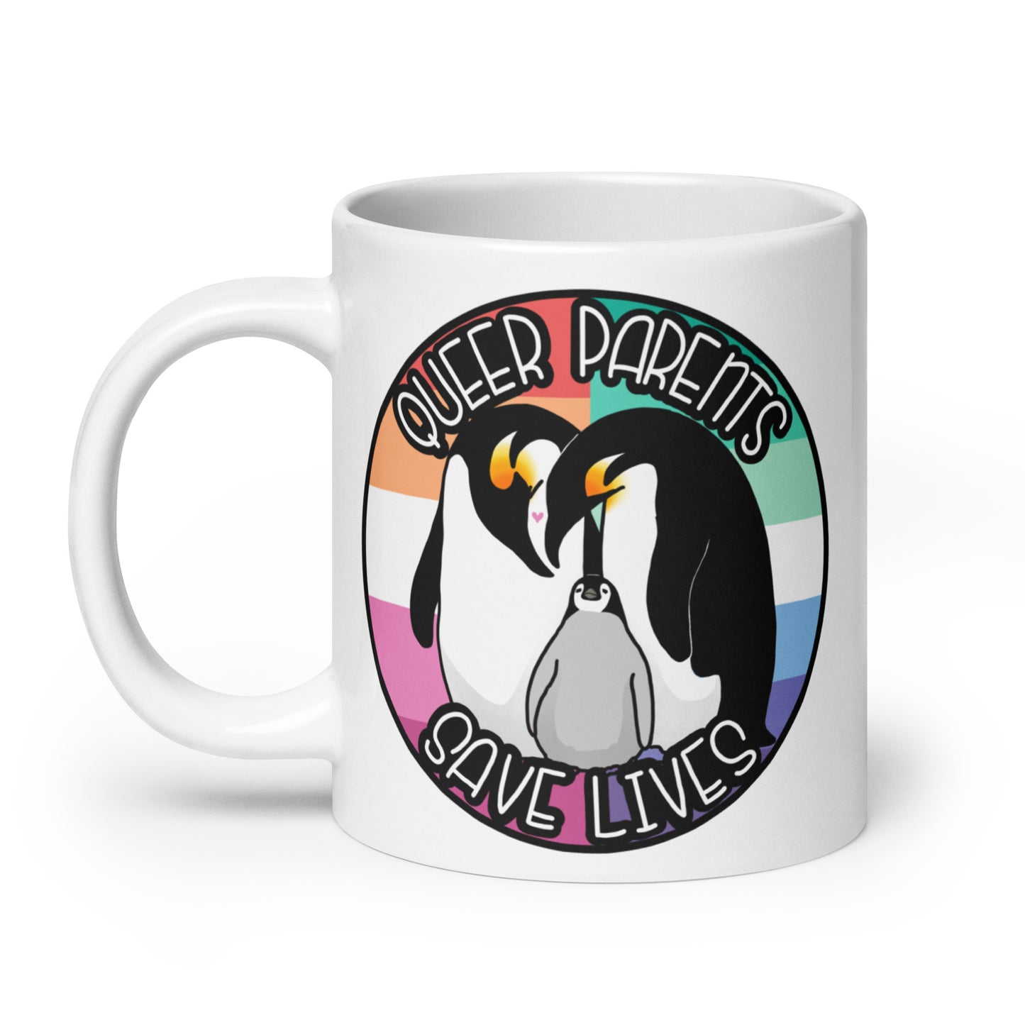 Queer Parents Save Lives - Gay/Lesbian Penguins White glossy mug