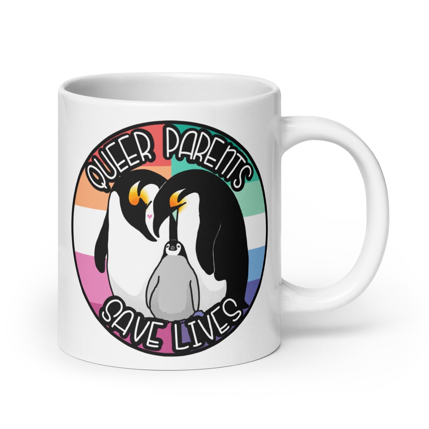 Queer Parents Save Lives - Gay/Lesbian Penguins White glossy mug