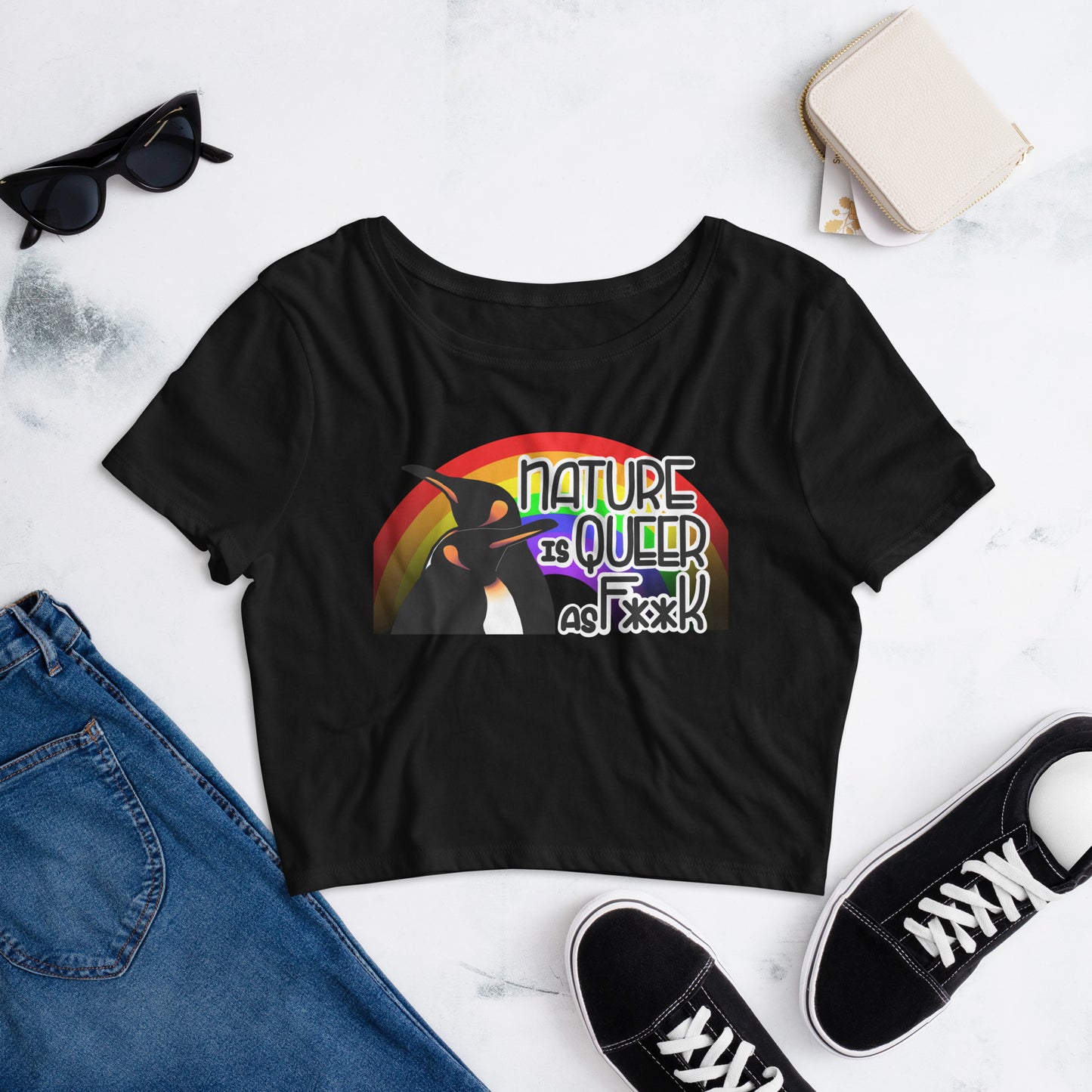 Nature Is Queer As F**K Penguins and Rainbow Crop Tee