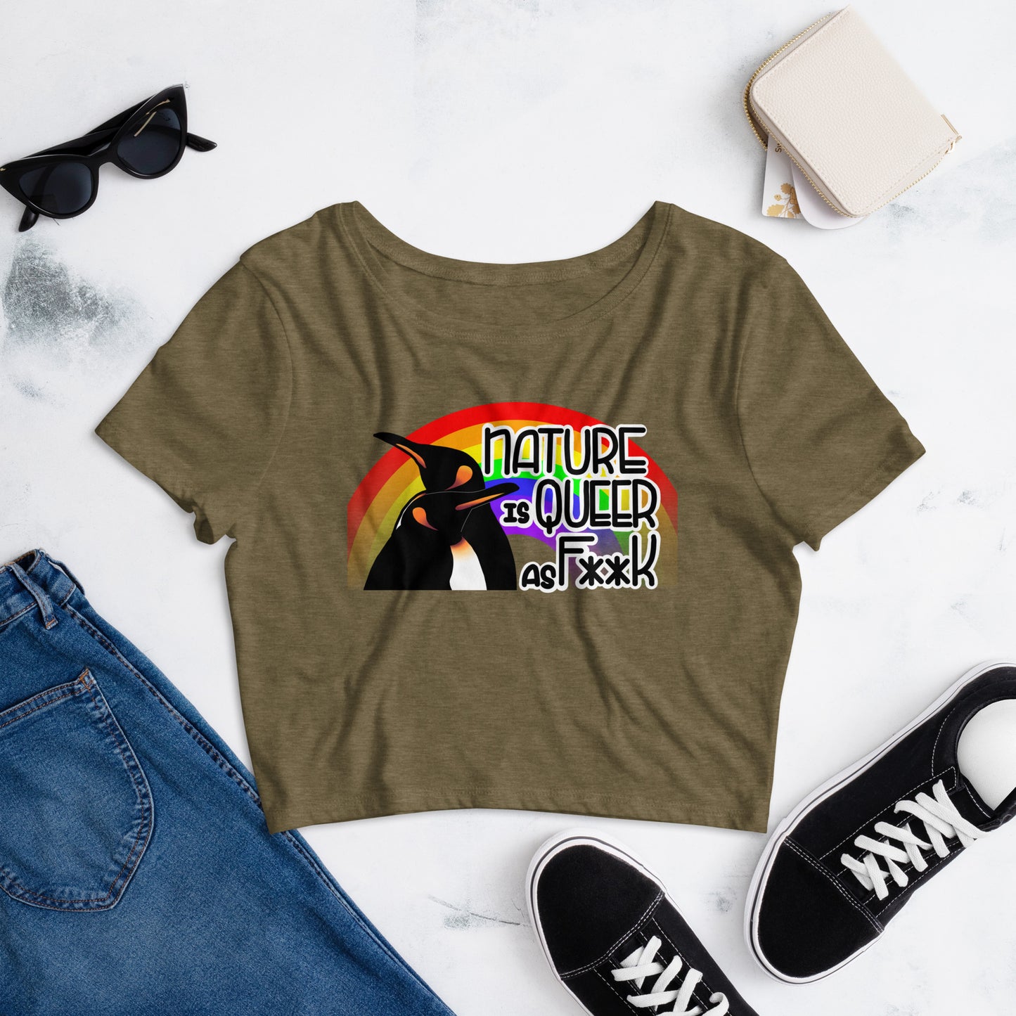 Nature Is Queer As F**K Penguins and Rainbow Crop Tee