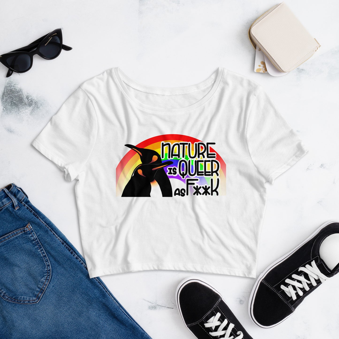 Nature Is Queer As F**K Penguins and Rainbow Crop Tee